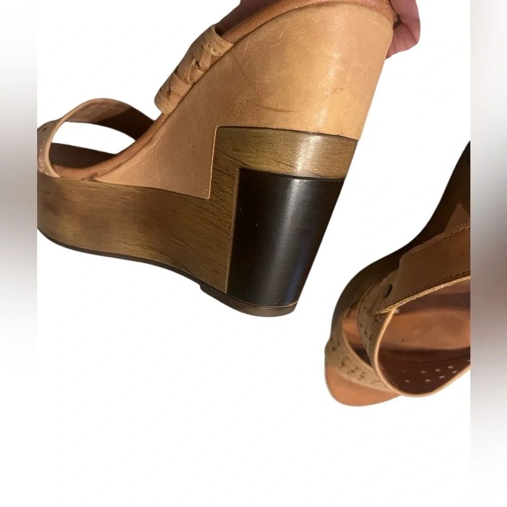 Musse & Cloud Platform Wedge Heel Tan leather Colorblock Sandals Sz 38 US 7/7.5 - Picture 9 of 11